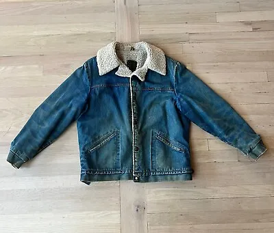 Vintage Distressed Wrangler Coat Mens L Denim Sherpa Lined Jacket Rancher USA • $49.99