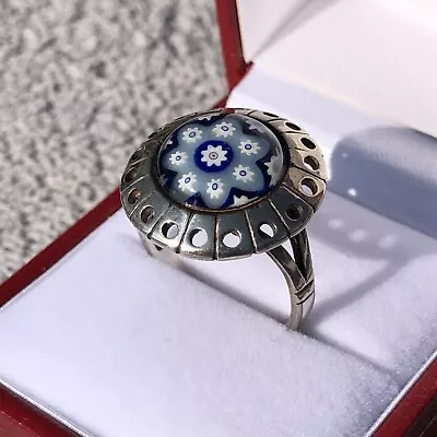 Stylish Vintage Caithness Blue Millefiori Sterling Silver Ring 1975 • £45