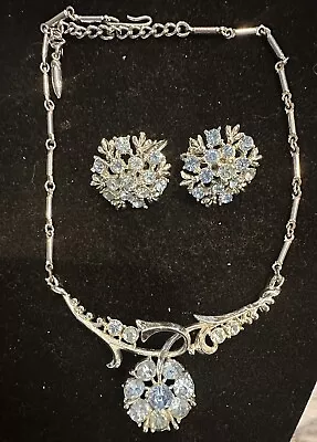 Vintage Coro Necklace Earrings Set Light Blue Crystals. Rhodium Plated Clip Ons • $50