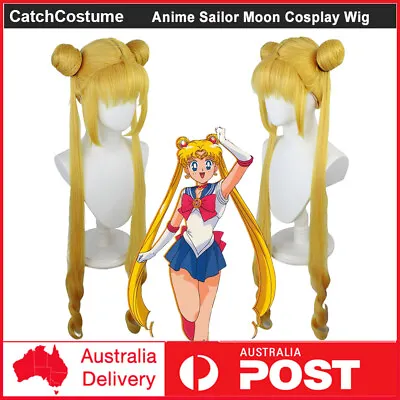 Anime Sailor Moon Tsukino Usagi Cosplay Wig Womens Long Curly Golden Ponytails • £28.12