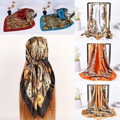 90X90cm Lady Floral Satin Square Vintage Bandana Shawl Head Hair Neck Scarf SALE • $18.62