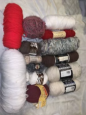 Lot Of Mixed Yarns 4 White Aran/cream Browns Red Multicolor Purples Box 6 • $15