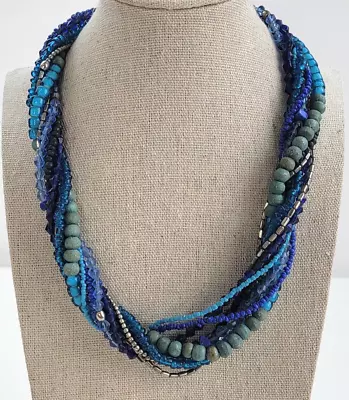 Vintage Multi Strand Beaded Necklace Mixed Materials Blue 21 In Lobster Clasp • $15