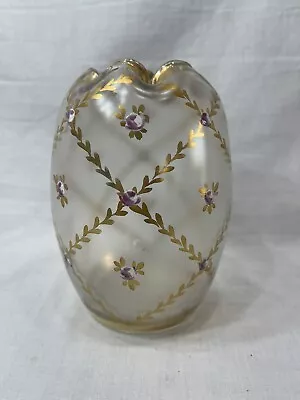 Antique Legras Mont Joye Art Glass Rose Bowl Vase Gold & Enameled Flowers 6” • $148