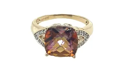 10K Yellow Gold 10x10mm Mystic Topaz Checkerboard Cut & Diamond Size 6.5 Ring! • $149.99