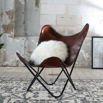 Handmade Vintage Brown Leather Butterfly Chair Home Décor With Foldable Stand • $146.69