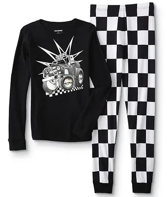 Monster Truck Pajamas Size 8- 12 Boys 100% Cotton Black White Check Race Car NWT • $22.95