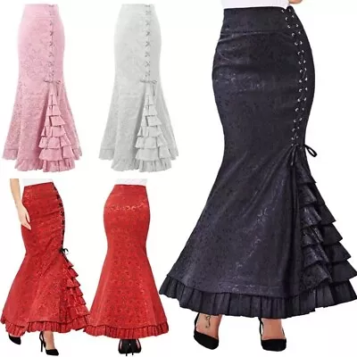 Women Punk Style Retro Jacquard Mermaid Skirt Ruffle Fishtail Tiered Long Skirts • $26.98