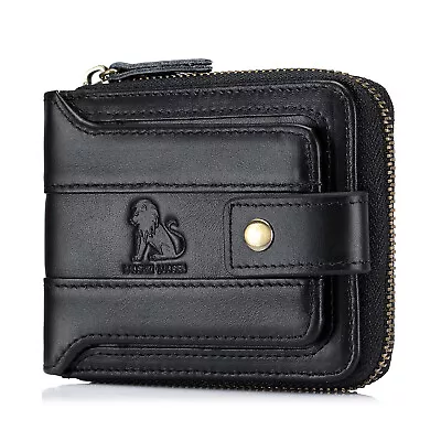 Retro Men Wallet Genuine Leather RFID Zip Around Large Bifold With Coin Pocket • $19.94