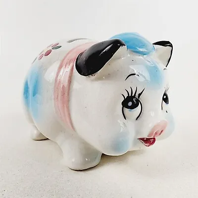 Vintage Ceramic Floral Pig With Hat & Scarf Piggy Bank Blue Pink Japan • $26.95