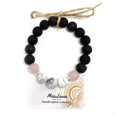 MiaLava | CRYSTAL AROMATHERAPY DIFFUSER BRACELET CALM HEART ROSE QUARTZ HOWLITE • $22