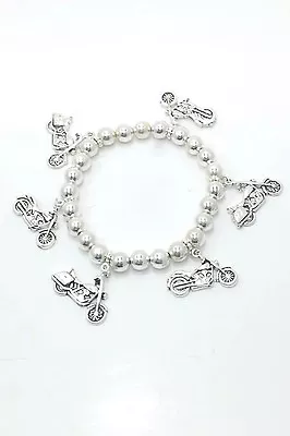 MOTORCYCLE CHARM Stretch Bracelet With Silver Plated Beads • $2.99