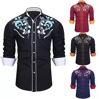 Stylish Baroque Blouse Mens Western Button Up Shirt Long Sleeve Casual Party Tee • $23.88