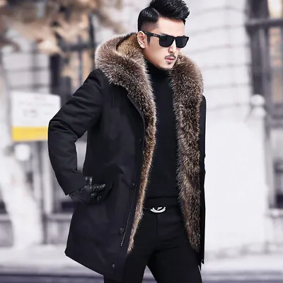 Fashion Men's Real Raccoon Fur Collar Hooded Coats Rabbit Fur Liner Jacket Parka • $226.19