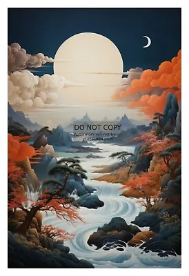 Japanese Style Artistic River Mountains Sun Moon 4x6 Fantasy Photo • $7.97
