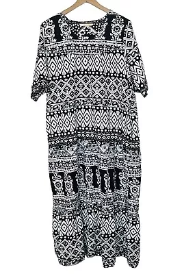 La Cera Black White Print Tiered Lounge Patio House Dress Mumu Pockets Size XL • $32