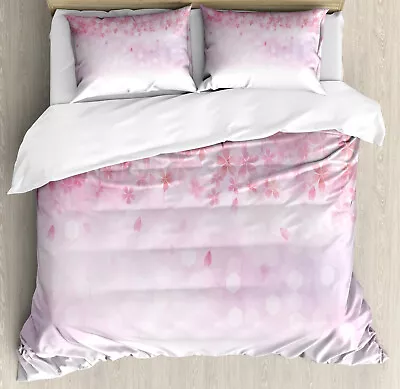 Pale Pink Duvet Cover Set With Pillow Shams Sakura Bloom Florets Print • $89.99