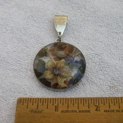 Vintage Chrome & REVERSE PRINTED GLASS Floral PENDANT-NR • $14.40