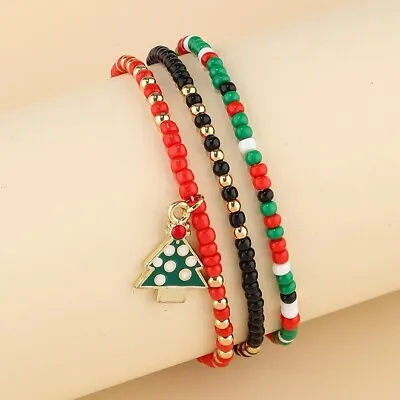 Christmas Holiday Stacked Seed Bead Stretch Set Of 3 Red Green Gold Black • $9.70
