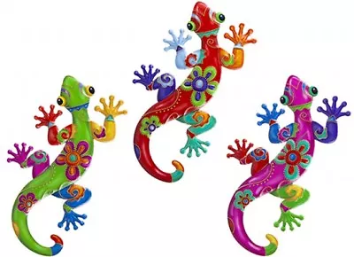 3 X Colourful Gecko Metal Garden Wall Hanging Fence Ornament Decoration 17cm • £8.99