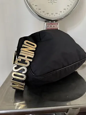 Moschino Wrist Strap Bag Vintage Black Nylon Purse Sliding Gold Letters RARE🥇 • $230.13
