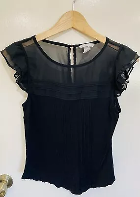 H&M Womens Black Laced Trimmed Mesh Top Size Small Pullover Back Button Closure • $11.75