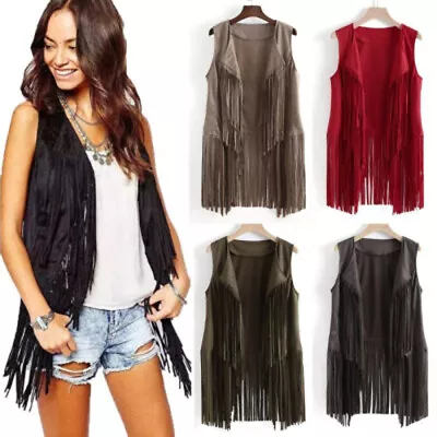 Women Vintage Vest Faux Suede Sleeveless Jacket Long Fringe Tassels Waistcoat • £8.98