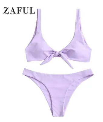 ZAFUL For Women Front Knotted Plunge Bikini Swimsuit Lavender Size M • $20