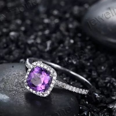 10k White Gold Cushion 6x6mm Natural Amethyst Diamonds Engagement Gemstone Ring • $712.04