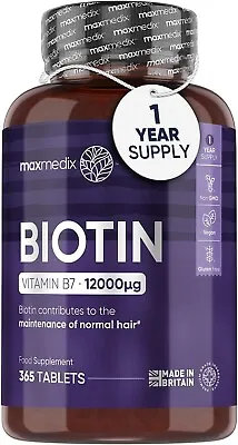 Biotin 12000mcg 365 Tablets For Hair Growth Anti Ageing Skin And Nail Health • £17.99