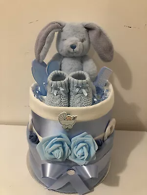 Nappy Cake Two Tier Boy  0-3 Months. Blue Keel Rabbit Baby Shower Leavers Gift • £26