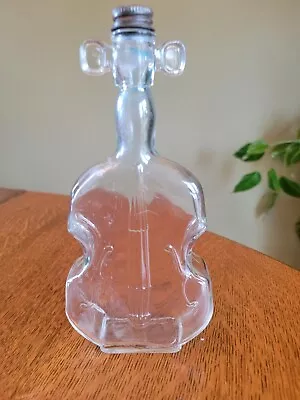 Vintage Clear Glass Cello Violin Ear Bottle Metal Lid Mary Lowell Decanter 8.5   • $5.99