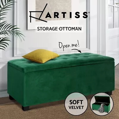 Artiss Storage Ottoman Blanket Box Bench 98cm Velvet Chest Foot Stool Green • $109.95