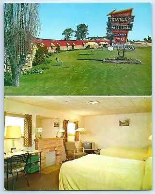Double Postcard MANITOWOC Wisconsin WI ~ Roadside TRAVELERS MOTEL Room C1960s • $7.98