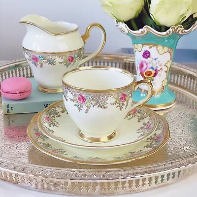 £11 • Buy Salisbury Lemon Yellow Vintage China With Pink Roses - Teacup Trio / Milk Jug