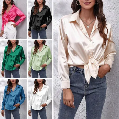 Womens Long Sleeve Satin Silk Shirt Office Ladies OL Button-down Blouse Tops 🔥↕ • $18.80