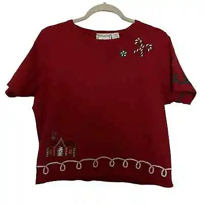 Michael Simon Lite Vintage 1980's Red Cropped Embroidered Christmas T-Shirt - L • $24.97
