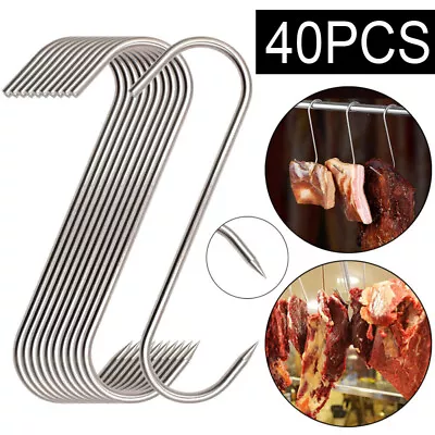 40Pcs Stainless Steel S Hooks With Sharp Tip Kitchen Butcher Shop Meat Hanging • £8.99