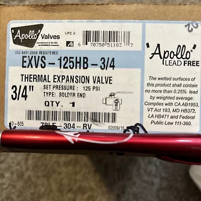 Apollo Thermal Expansion Valve EXVS-125X-3/4LF Pressure 125psi 3/4 In Solder End • $23