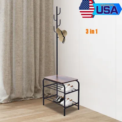 $47.03 • Buy Coat Rack Shoe Bench Iron Pipe Entryway Hall Tree Bench With Storage Shelf 3 In1