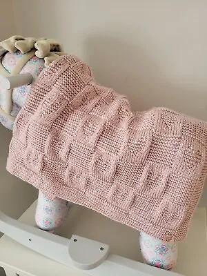 Hand Knitted Heart Pattern Baby Blanket In Pink 29  X 24   • £15