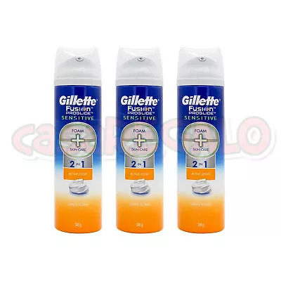 3x GILLETTE 245g FUSION PROGLIDE SHAVE FOAM SENSITIVE 2 IN 1 ACTIVE SPORT • $22.95