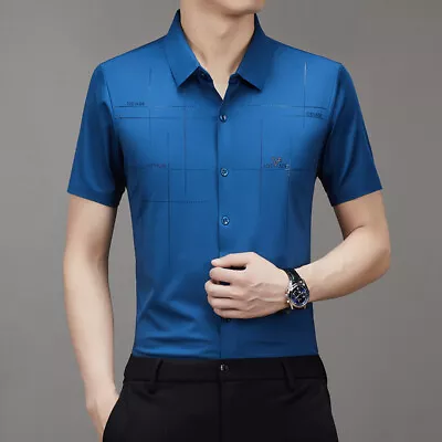 Mens Anti-Wrinkle Ice Silk Quick-Drying Stretch Business Work Shirt Short Sleeve • $22.87