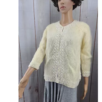 Vintage 60s CYN LES Mohair Wool Blend Ivory Cardigan Sweater Beaded Trim Medium • $32.50