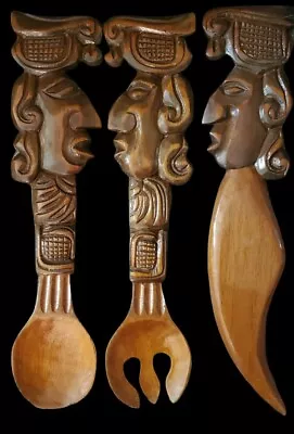 Vintage 17  Hand Carved Set Mayan Wood Spoon Knife And Fork Made In Honduras • $29.99