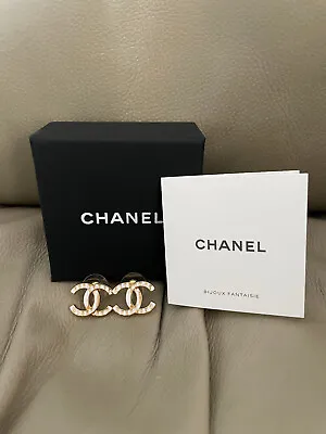 Chanel - 23C White & Gold Metal CC Stud Earrings - NEW Authentic Jewelery • $1075