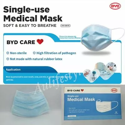 50pce BYD Medical Surgical Protective Face Mask Disposable 3Layers AU TGA  • $91.94