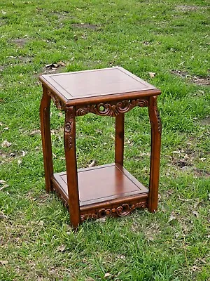 Vintage Asian Style Carved Wood 2 Tier Side Table / Plant Stand 22.5  H (A) • $120