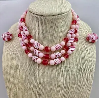 Vintage Western Germany Triple Strand Pink Beaded Necklace & Clip Earring Set • $38