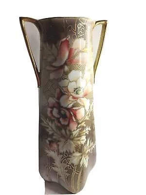 Antique Nippon Handpainted Peachy Pink Floral Heavy Gold Moriage Vase MadeJapan  • $33